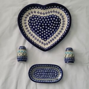 Polish Pottery Heart Serving Dish And Salt And Pepper Shaker Set